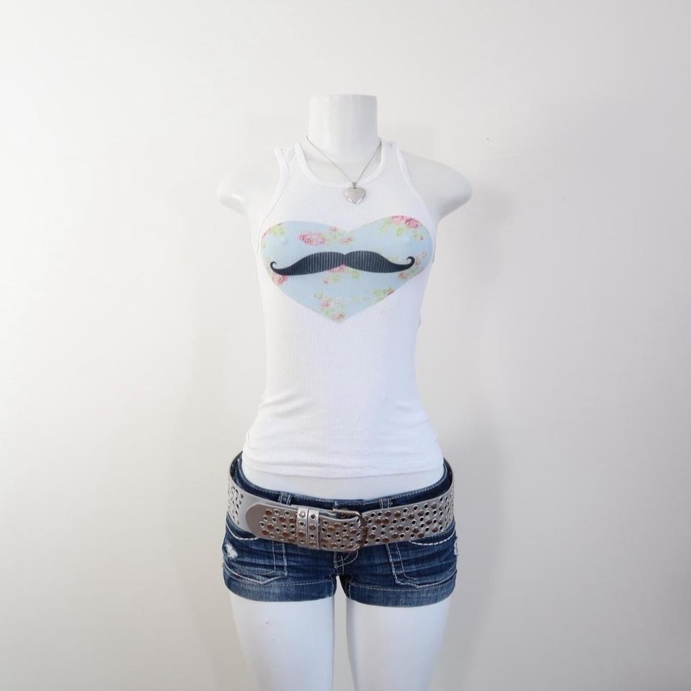 2010s floral mustache heart graphic tank white ribbed tumblr baby tee - Picture 3 of 5
